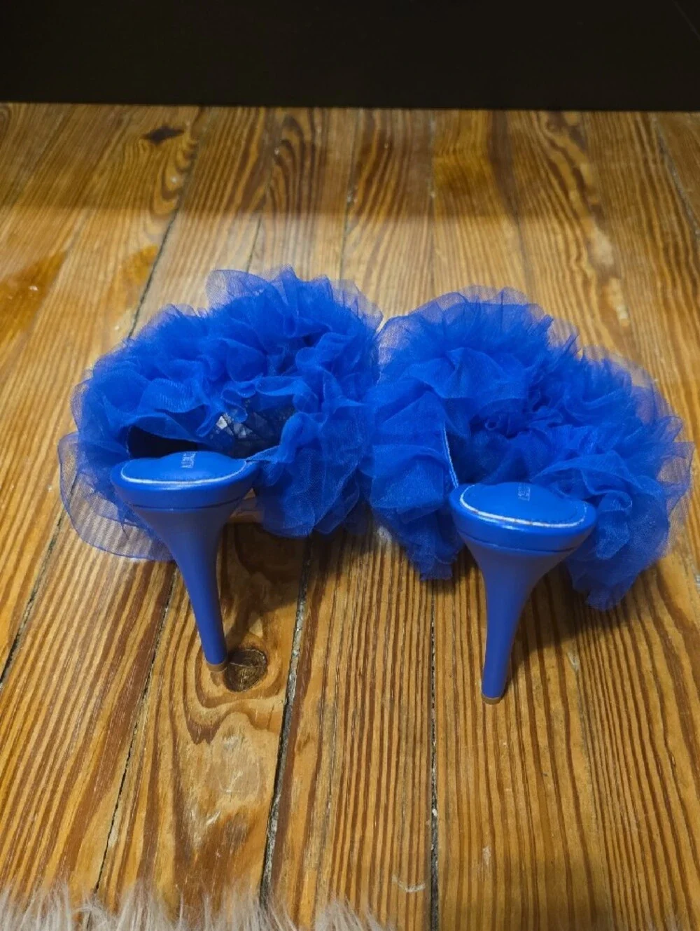 Azalea Wang Birdie Blue Tulle Pointed Slide Heels